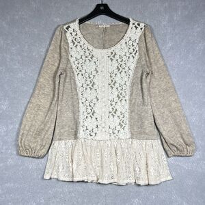 Ryn Sweater Womens Size Large White Brown Crew Neck Long Sleeve Lace